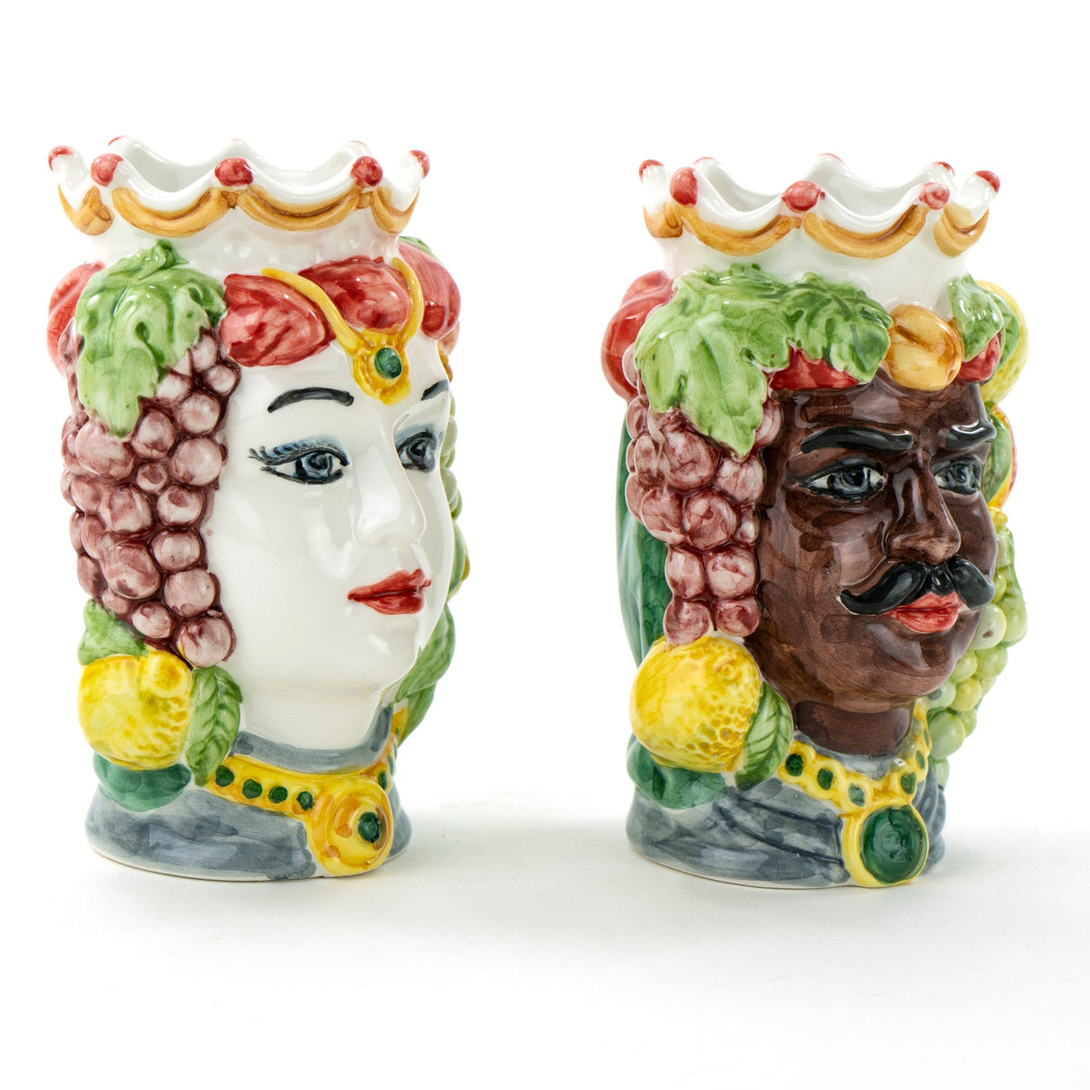 Coppia teste di moro H cm 14 in ceramica di Caltagirone fatte a mano