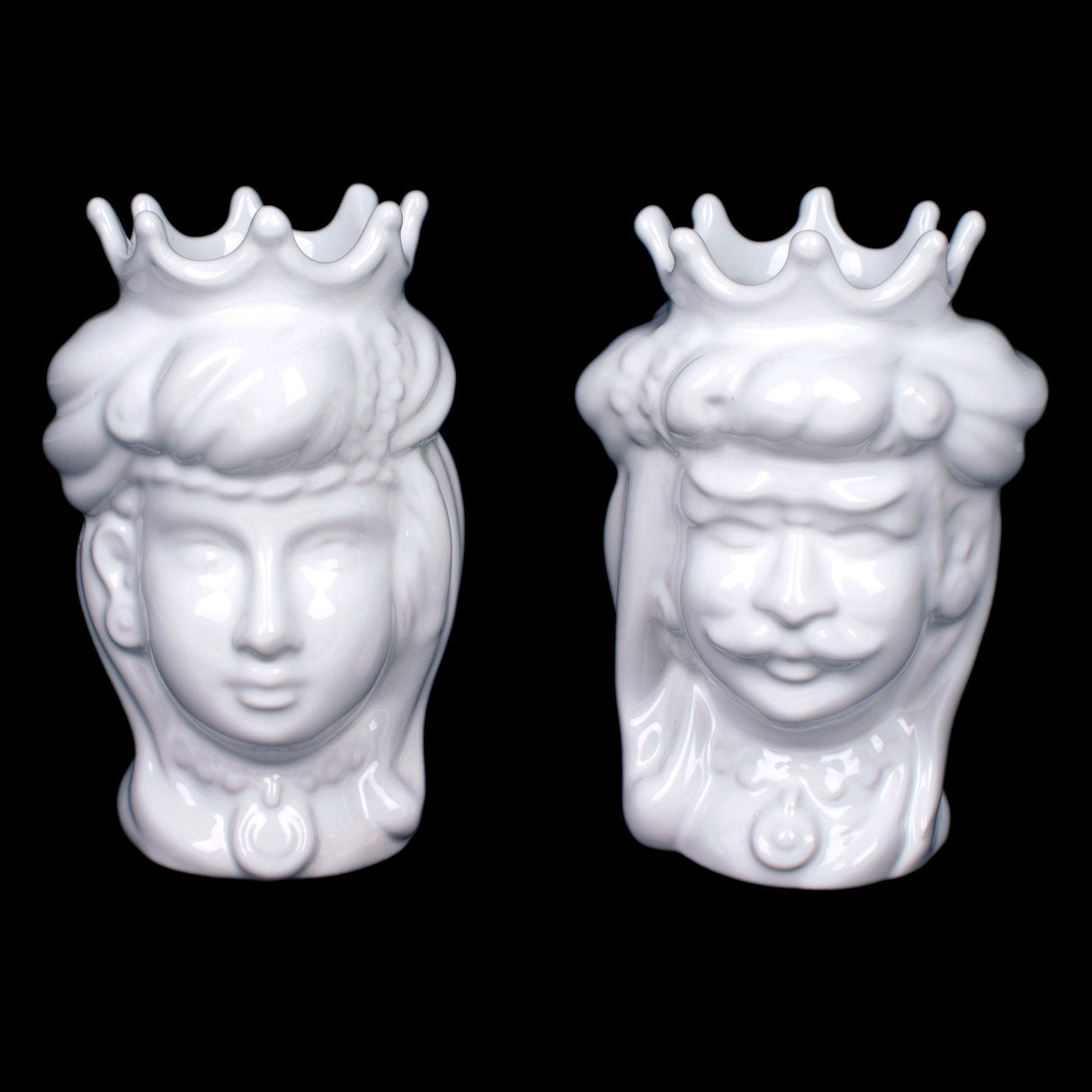 Coppia teste di moro bianche in ceramica di Caltagirone H cm 14