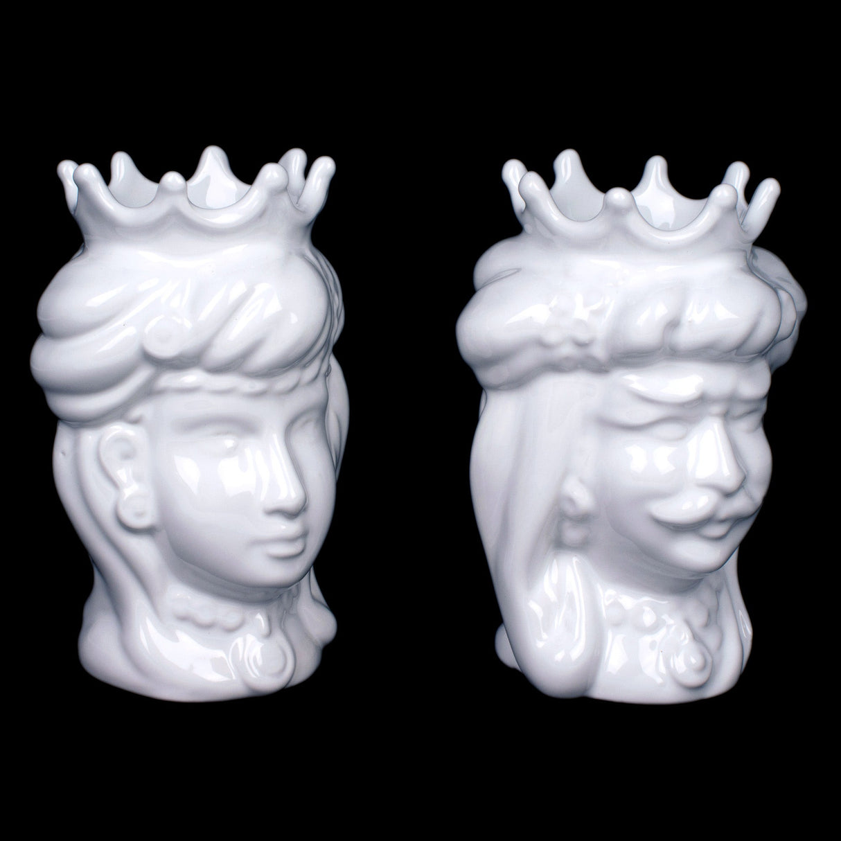 Coppia teste di moro bianche in ceramica di Caltagirone H cm 14
