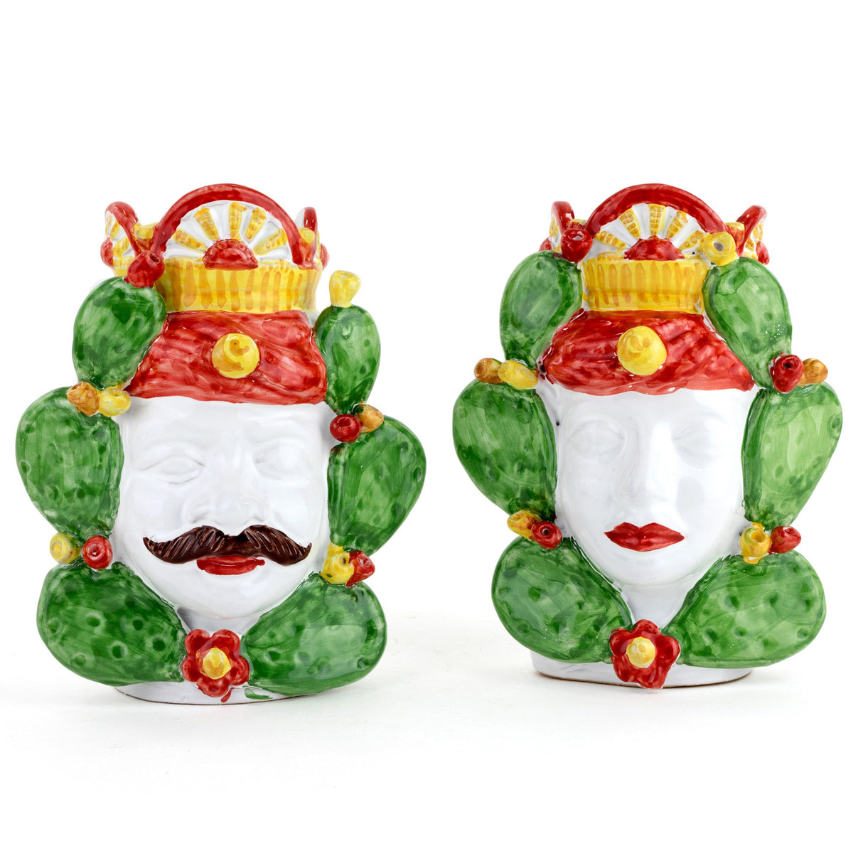 Coppia Teste di Moro carretto Siciliano H cm 20 Fatte a Mano, Caltagirone (Rosso)