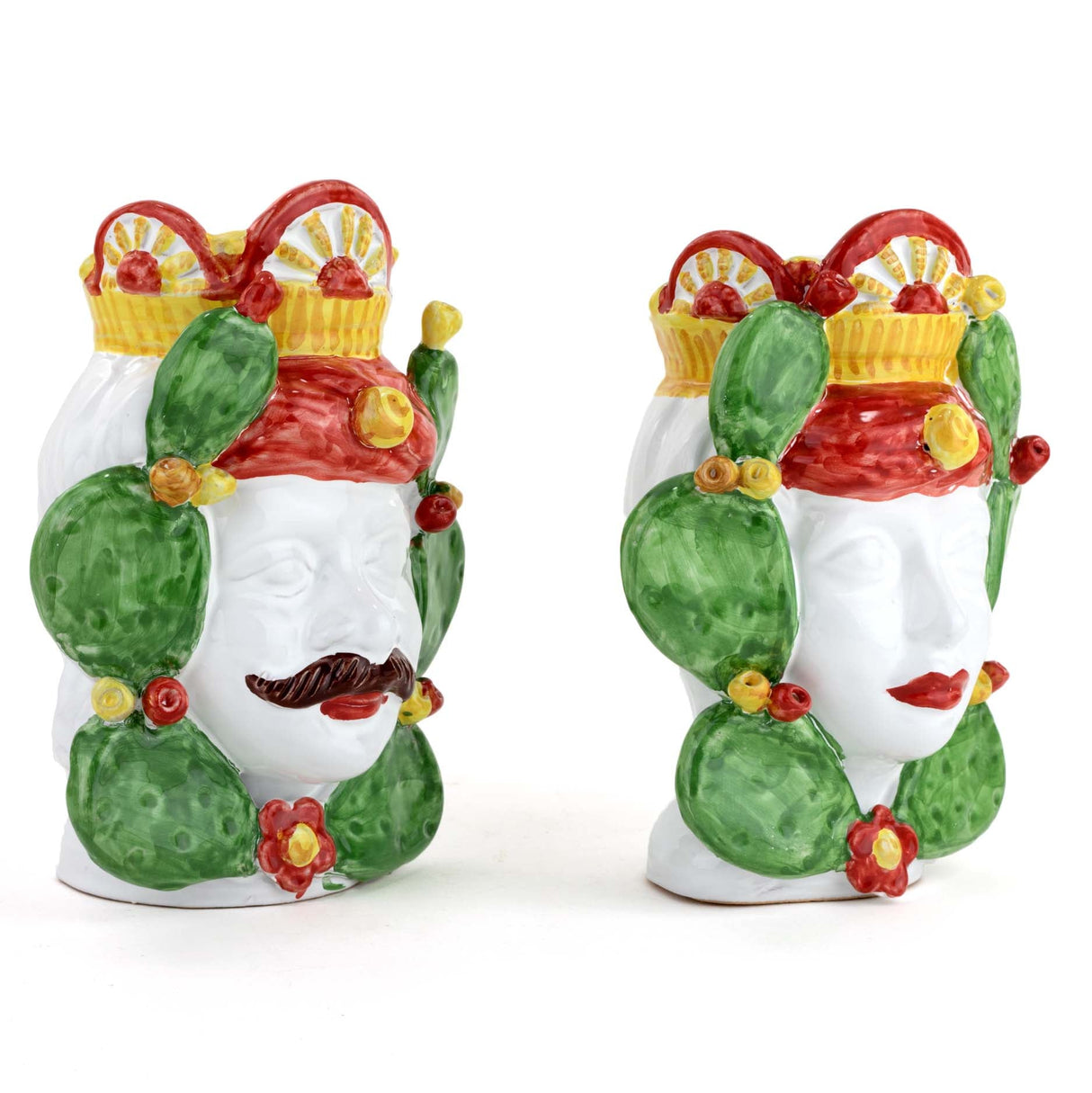 Coppia Teste di Moro carretto Siciliano H cm 20 Fatte a Mano, Caltagirone (Rosso)