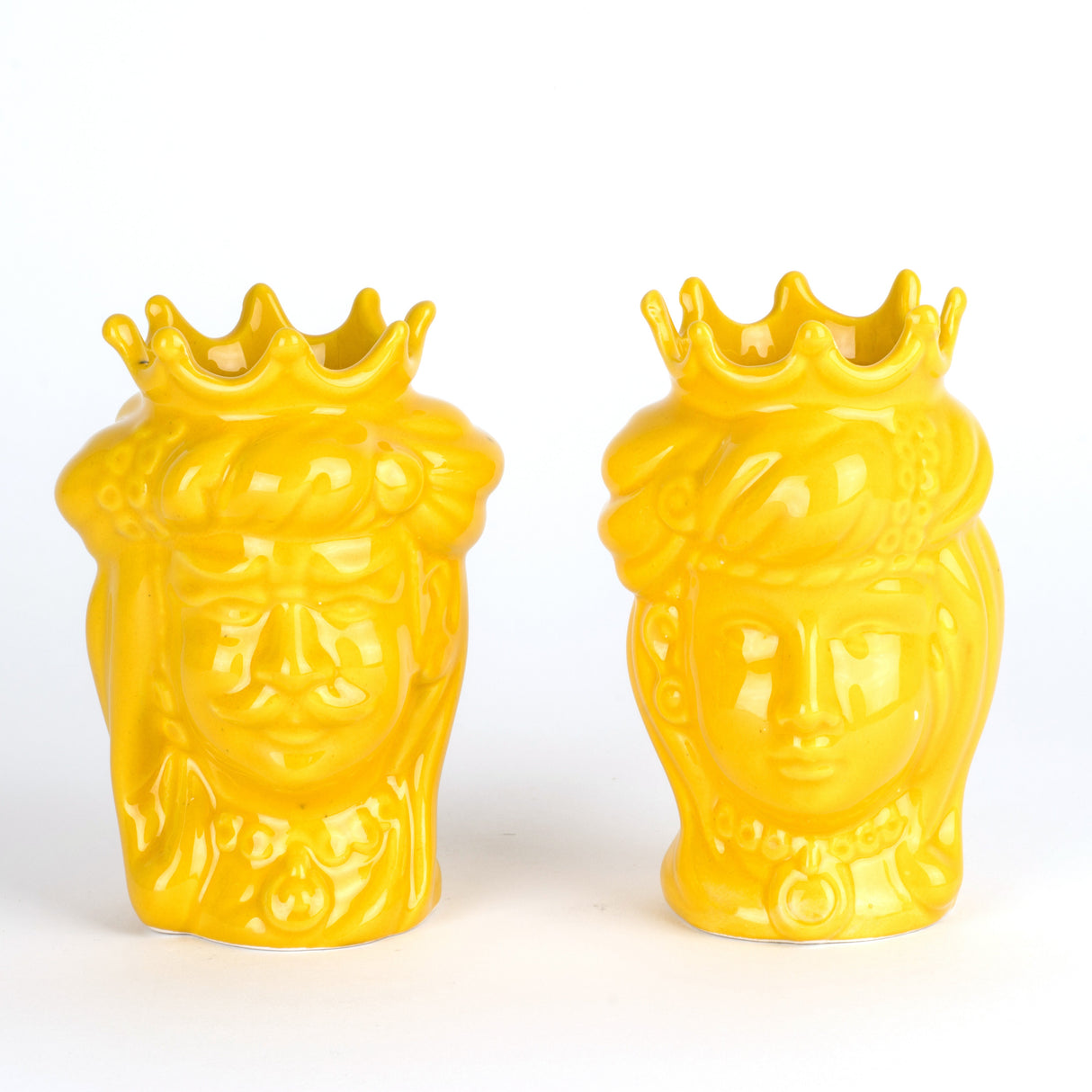 Bomboniere Teste di moro H cm 14 di Caltagirone, coppia teste di moro gialle fatte a mano