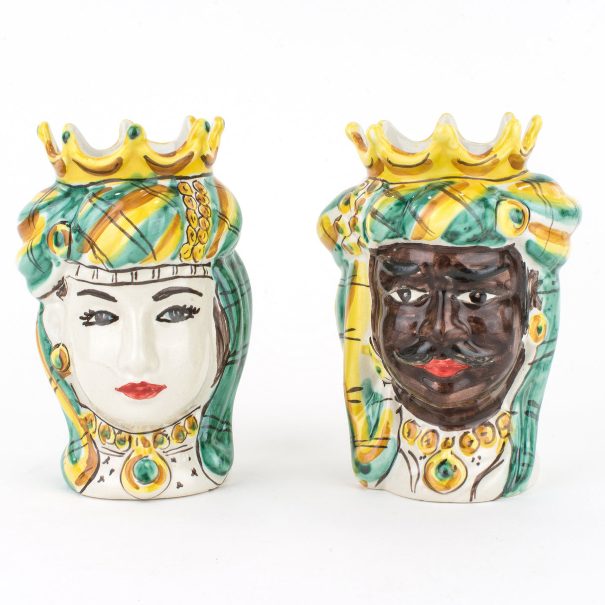 Caltagirone Teste di Moro siciliane H cm 14, Coppia Teste di Moro Fatte a Mano