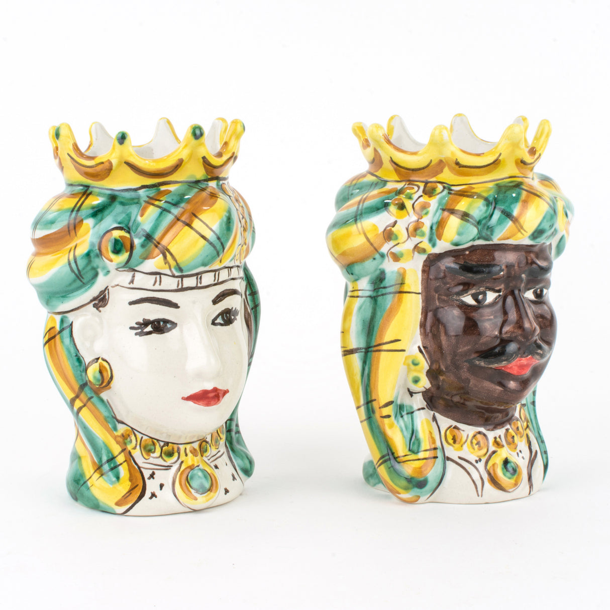 Caltagirone Teste di Moro siciliane H cm 14, Coppia Teste di Moro Fatte a Mano