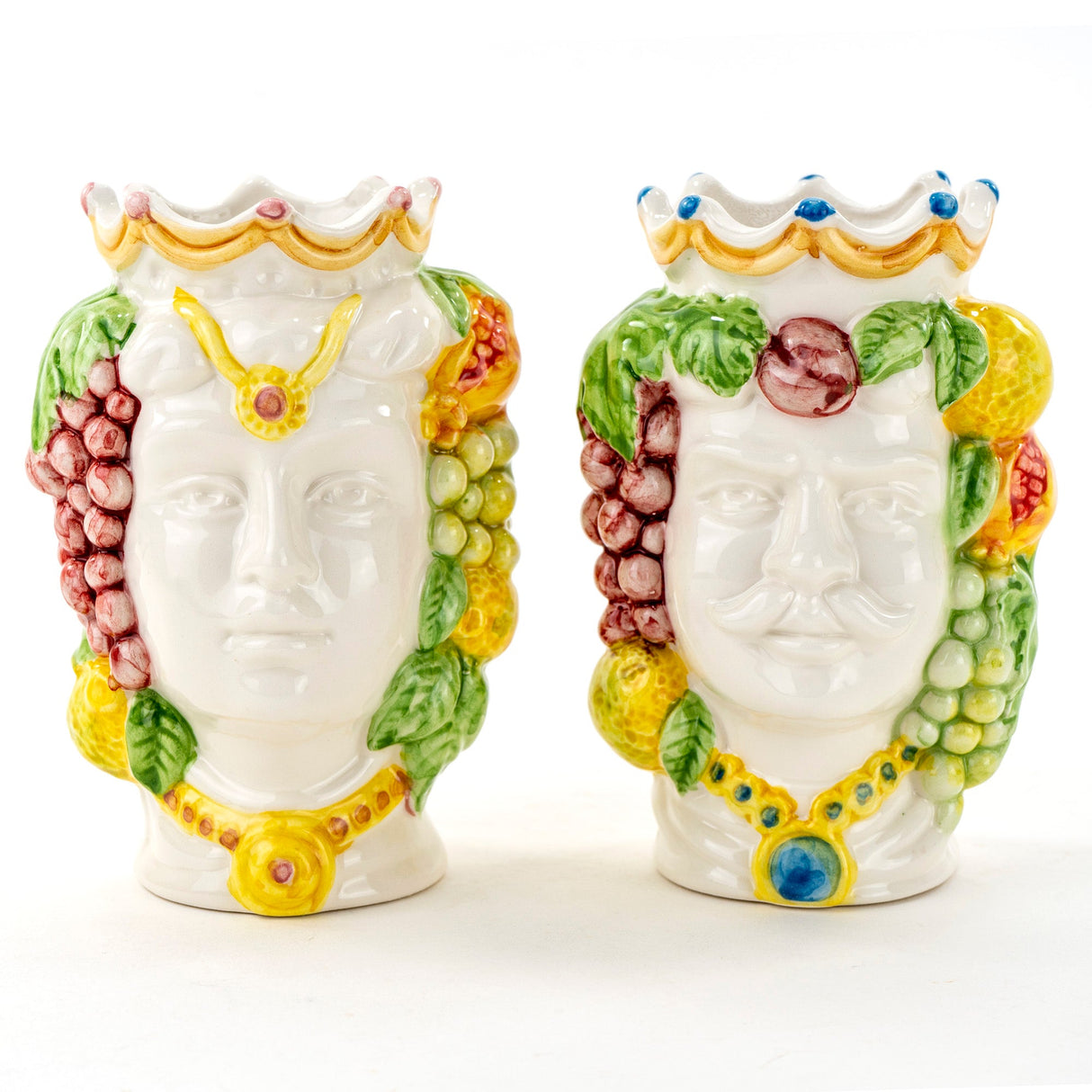 Coppia Teste di Moro siciliane H cm 14 semidecorate in Ceramica di Caltagirone Fatte a Mano