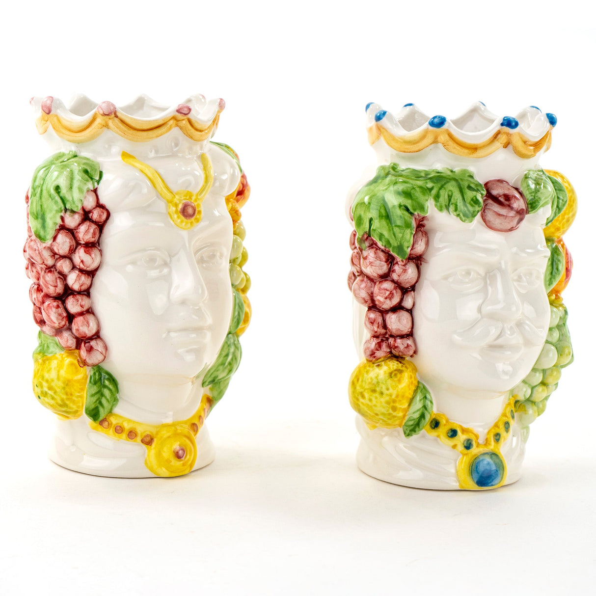 Coppia Teste di Moro siciliane H cm 14 semidecorate in Ceramica di Caltagirone Fatte a Mano