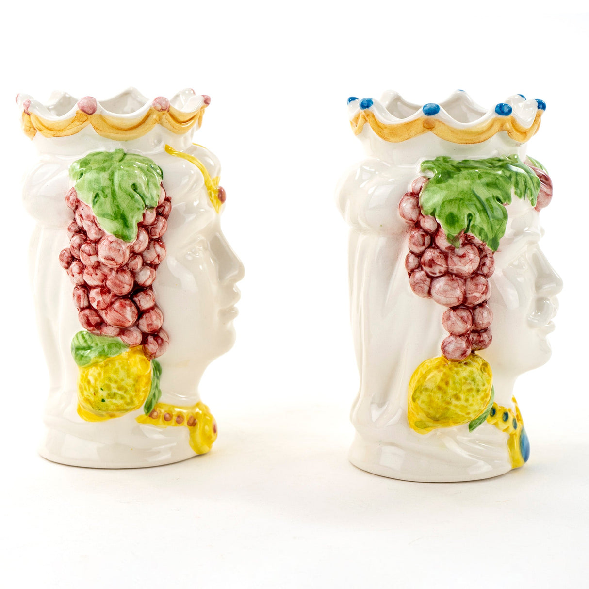 Coppia Teste di Moro siciliane H cm 14 semidecorate in Ceramica di Caltagirone Fatte a Mano