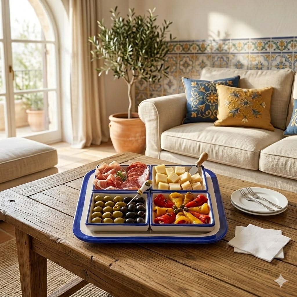 Antipastiera quadrata componibile con 4 ciotole ed un vassoio ceramica siciliana cm 30x30 decoro FLORA