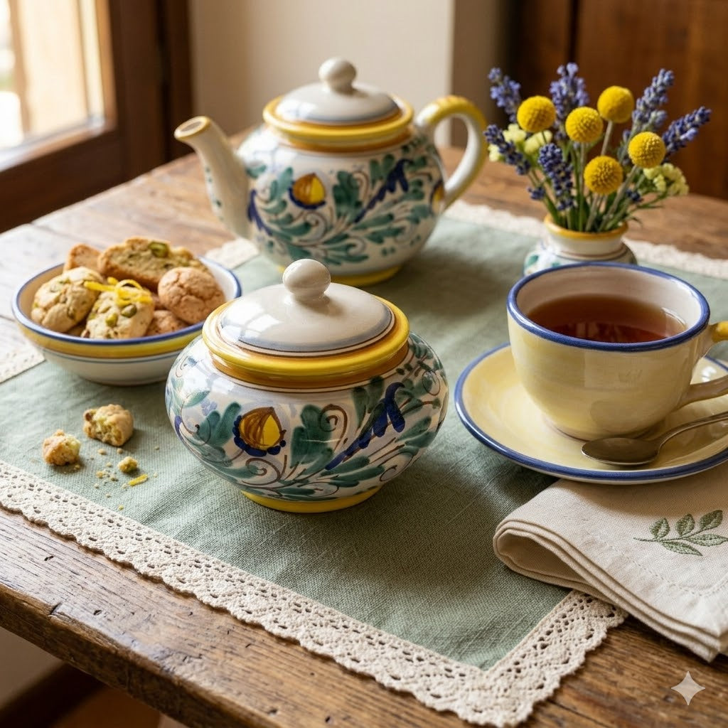 Sicilian ceramic biscuit jar from Caltagirone hand decorated 17th century YELLOW decoration