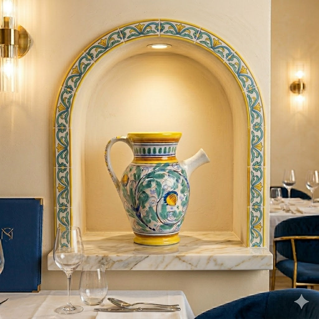 Vaso con manico, quartara ceramica siciliana H 25 decoro '600 GIALLO