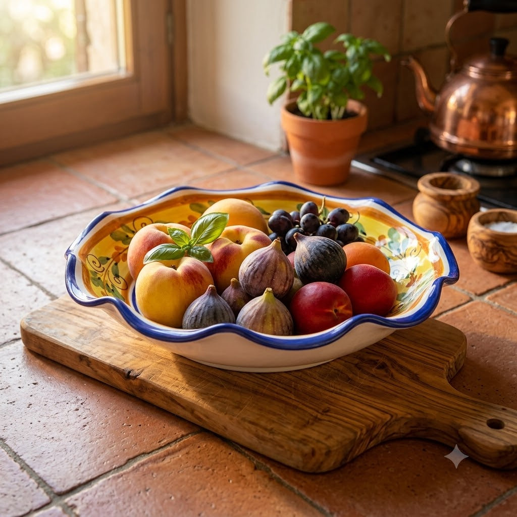 Fruttiera smerlata ceramica siciliana Ø 35 decoro FLORA