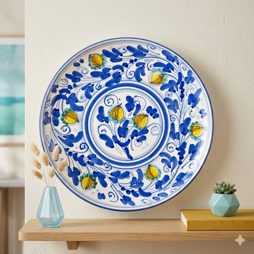 Piatto ornamentale ceramica siciliana Ø 25 decoro '600 BLU