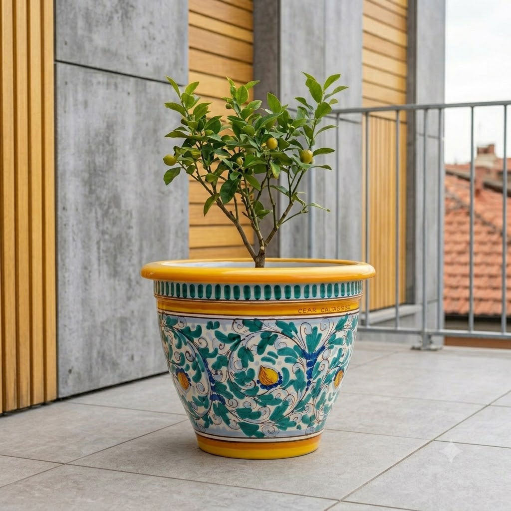 Portavaso ceramica siciliana Ø 33 decoro '600 GIALLO