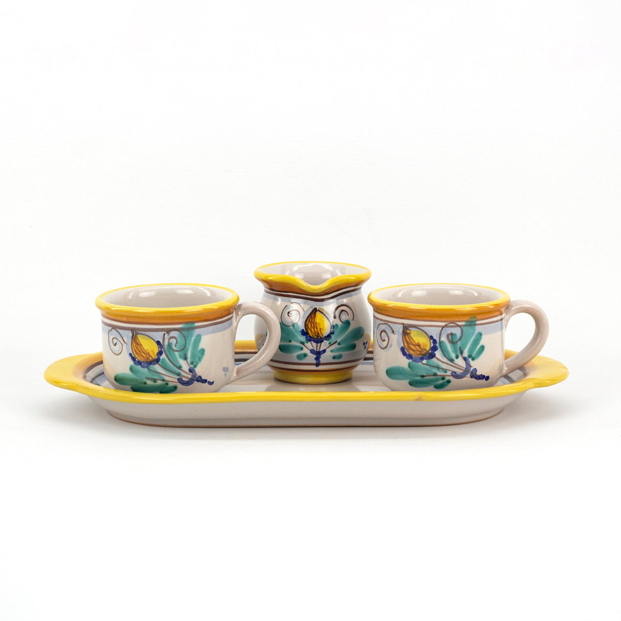 Servizio da the per due in ceramica con bricco per latte. Ceramica siciliana di Caltagirone realizzata decorata a mano, decoro AMBRA