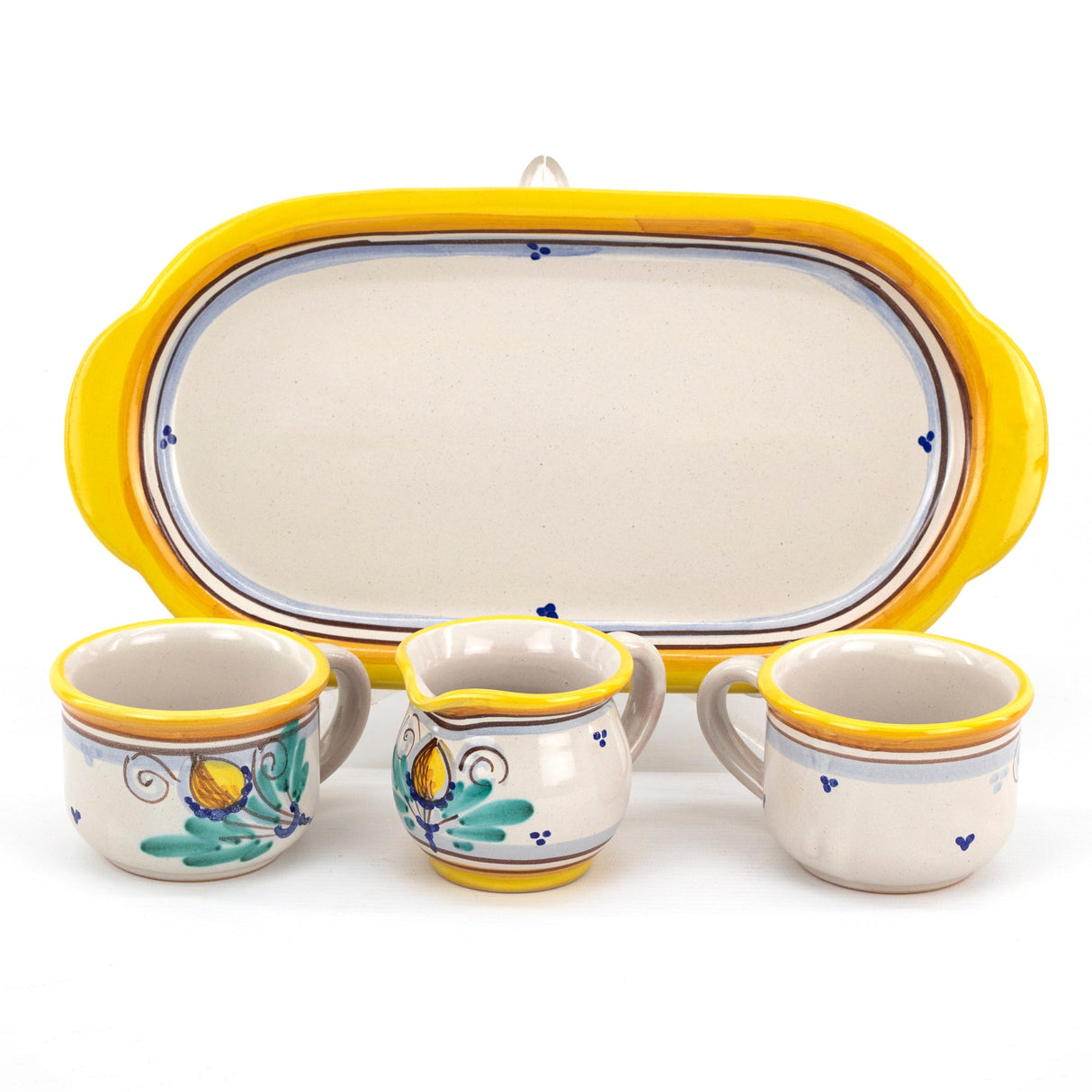 Servizio da the per due in ceramica con bricco per latte. Ceramica siciliana di Caltagirone realizzata decorata a mano, decoro AMBRA