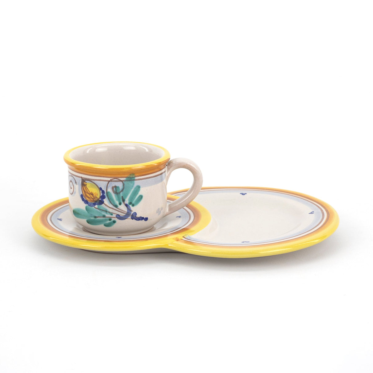 Tea cup with tray plate for biscuits/brioche in Caltagirone ceramic hand-decorated with AMBER decoration