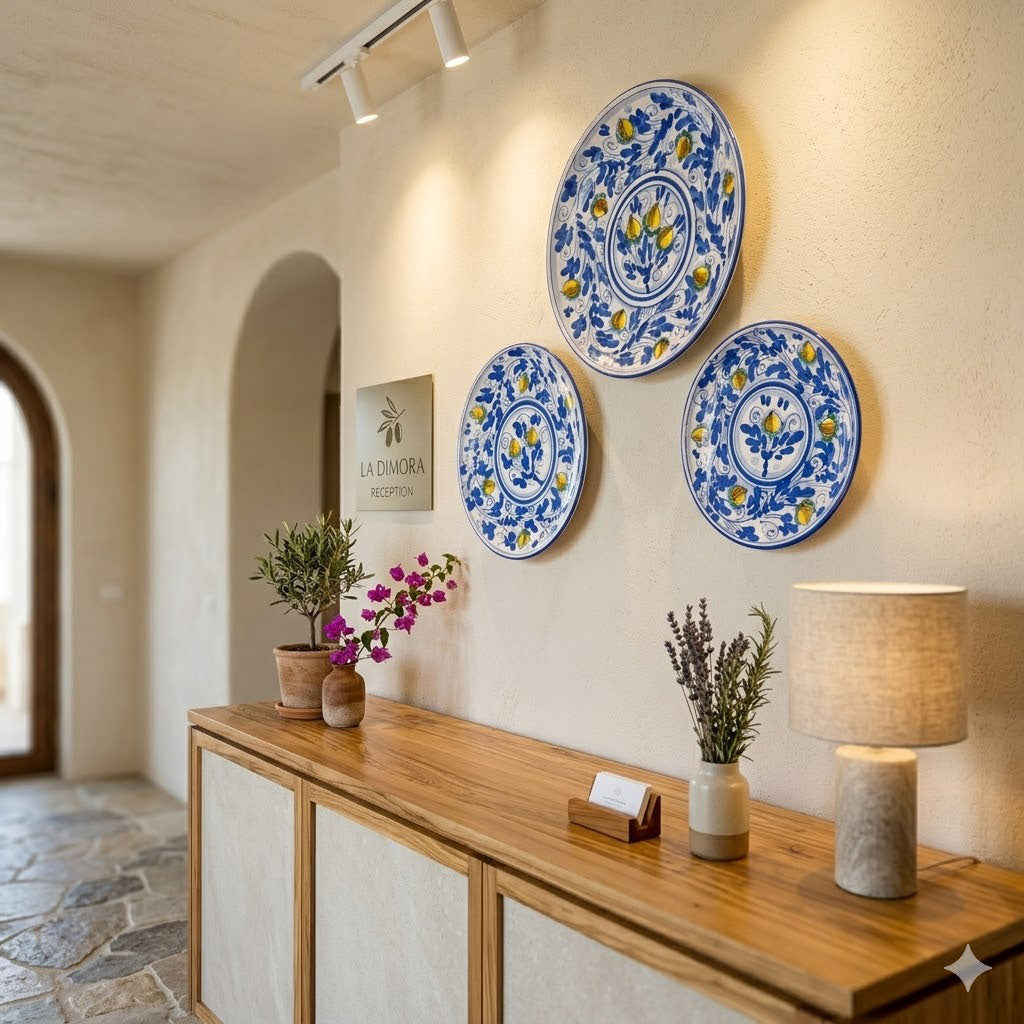 Set di tre piatti murali ornamentali ceramica siciliana decoro '600 BLU