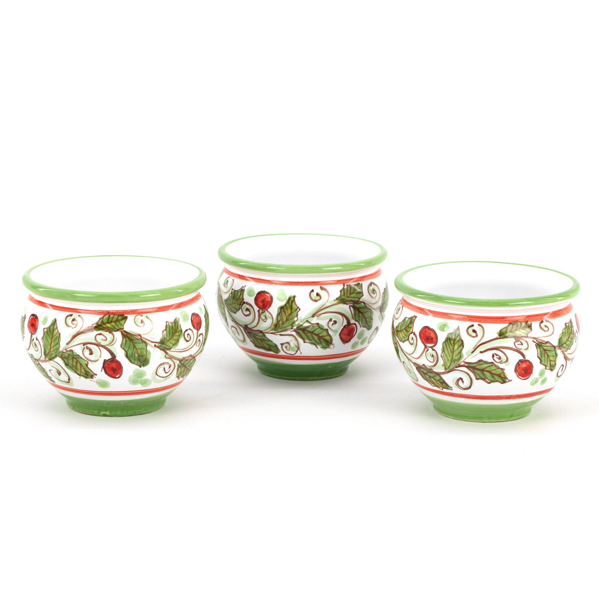 Tris di vasetti in ceramica siciliana di Caltagirone fatti a mano decoro AGRIFOGLIO