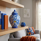 Vaso ornamentale potiche con coperchio ceramica siciliana H 34 decoro '600 BLU