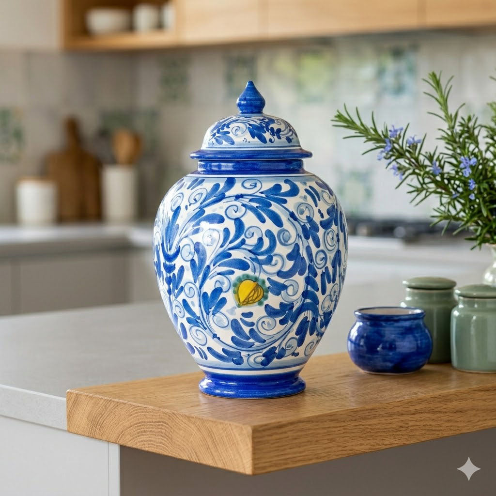Vaso ornamentale potiche con coperchio ceramica siciliana H 34 decoro '600 BLU