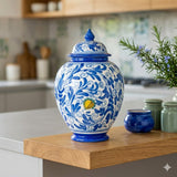 Vaso ornamentale potiche con coperchio ceramica siciliana H 34 decoro '600 BLU
