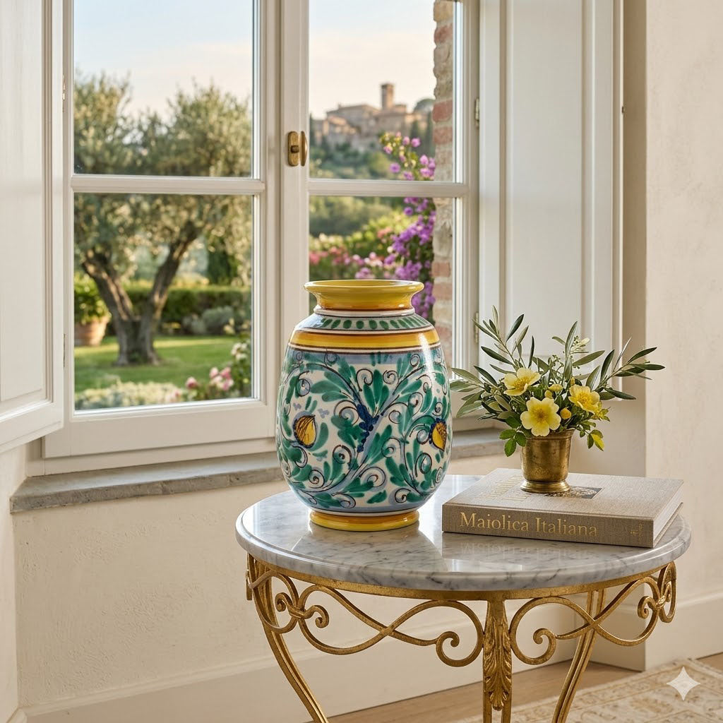 Vaso ornamentale ceramica siciliana H 25 decoro '600 GIALLO