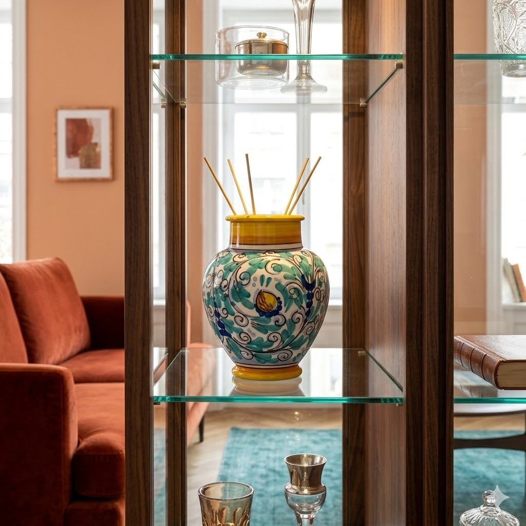Vaso ornamentale porta essenze con contenitore ceramica siciliana H 20,5 decoro '600 giallo