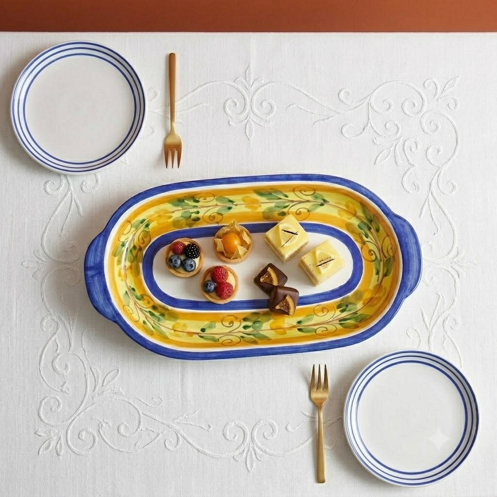 Vassoio ovale con manici ceramica siciliana cm 18x35x3 decoro FLORA