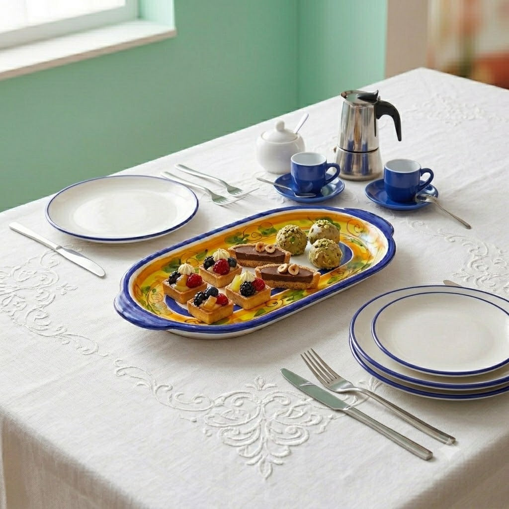 Vassoio ovale con manici ceramica siciliana cm 18x35x3 decoro FLORA