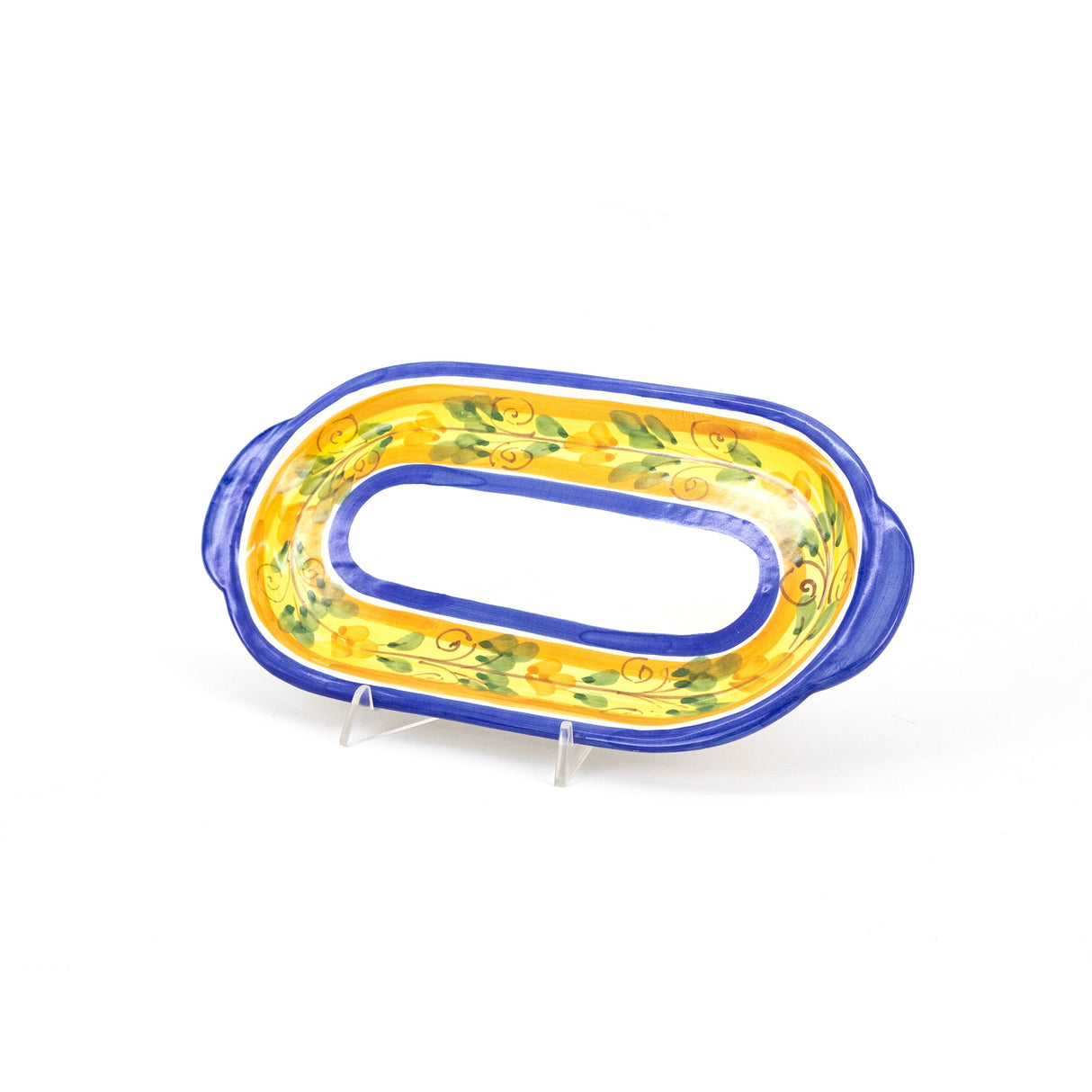 Oval ceramic tray with handles decorated with FLORA