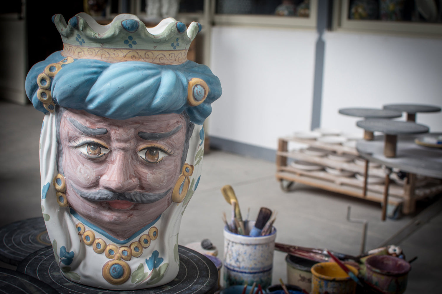 Moro Siciliano, Testa di Moro H cm 33 in Ceramica di Caltagirone Fatta a Mano