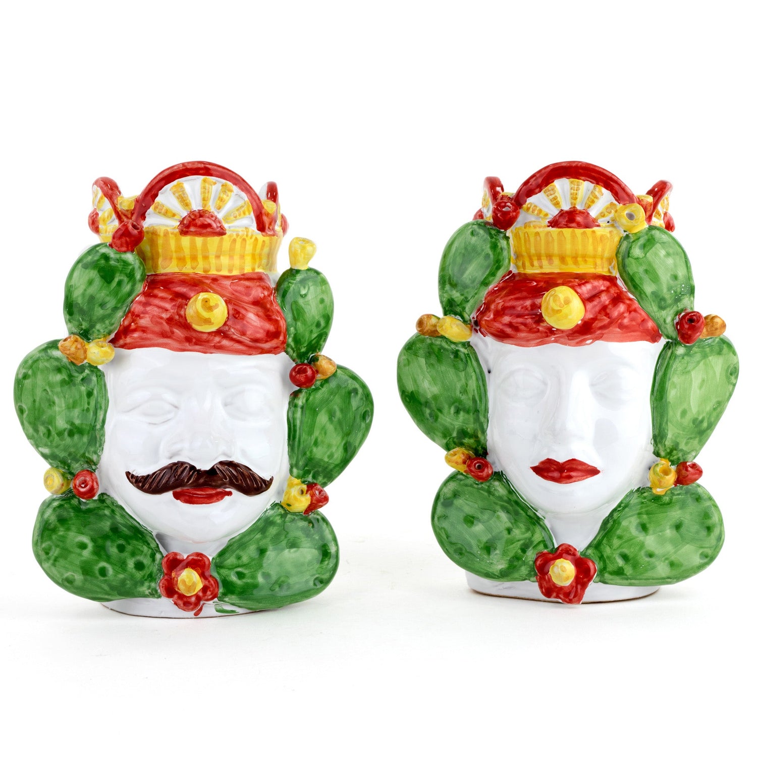 Coppia Teste di Moro carretto Siciliano H cm 20 Fatte a Mano, Caltagirone (Rosso)