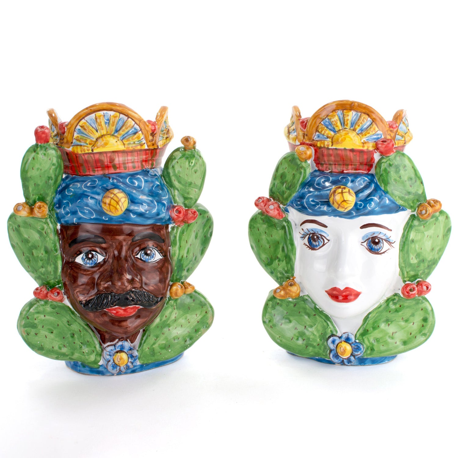 Coppia Teste di Moro H cm 20 carretto Siciliano Fatte a Mano, Caltagirone (Blu)