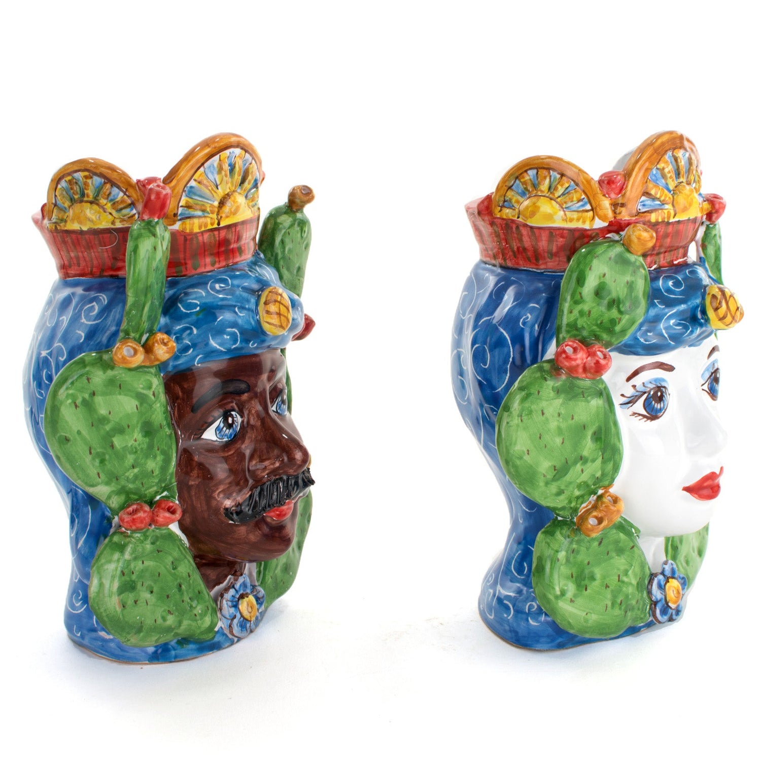 Coppia Teste di Moro H cm 20 carretto Siciliano Fatte a Mano, Caltagirone (Blu)