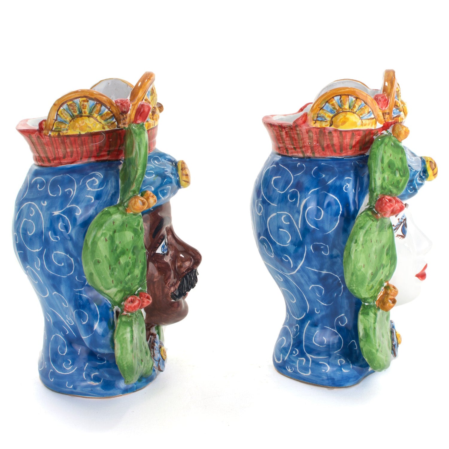 Coppia Teste di Moro H cm 20 carretto Siciliano Fatte a Mano, Caltagirone (Blu)